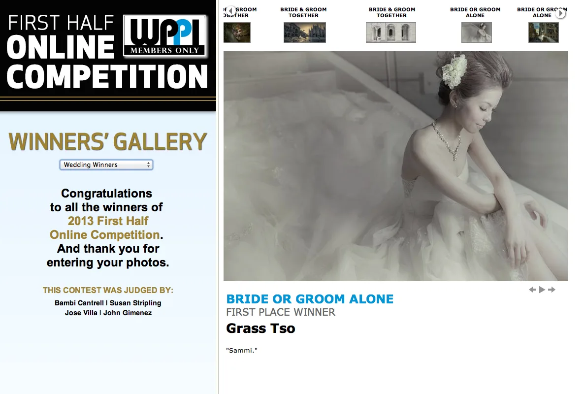 WPPI Online Competition Winners Gallery 網頁截圖,展示 Grass Tso 的婚紗攝影作品