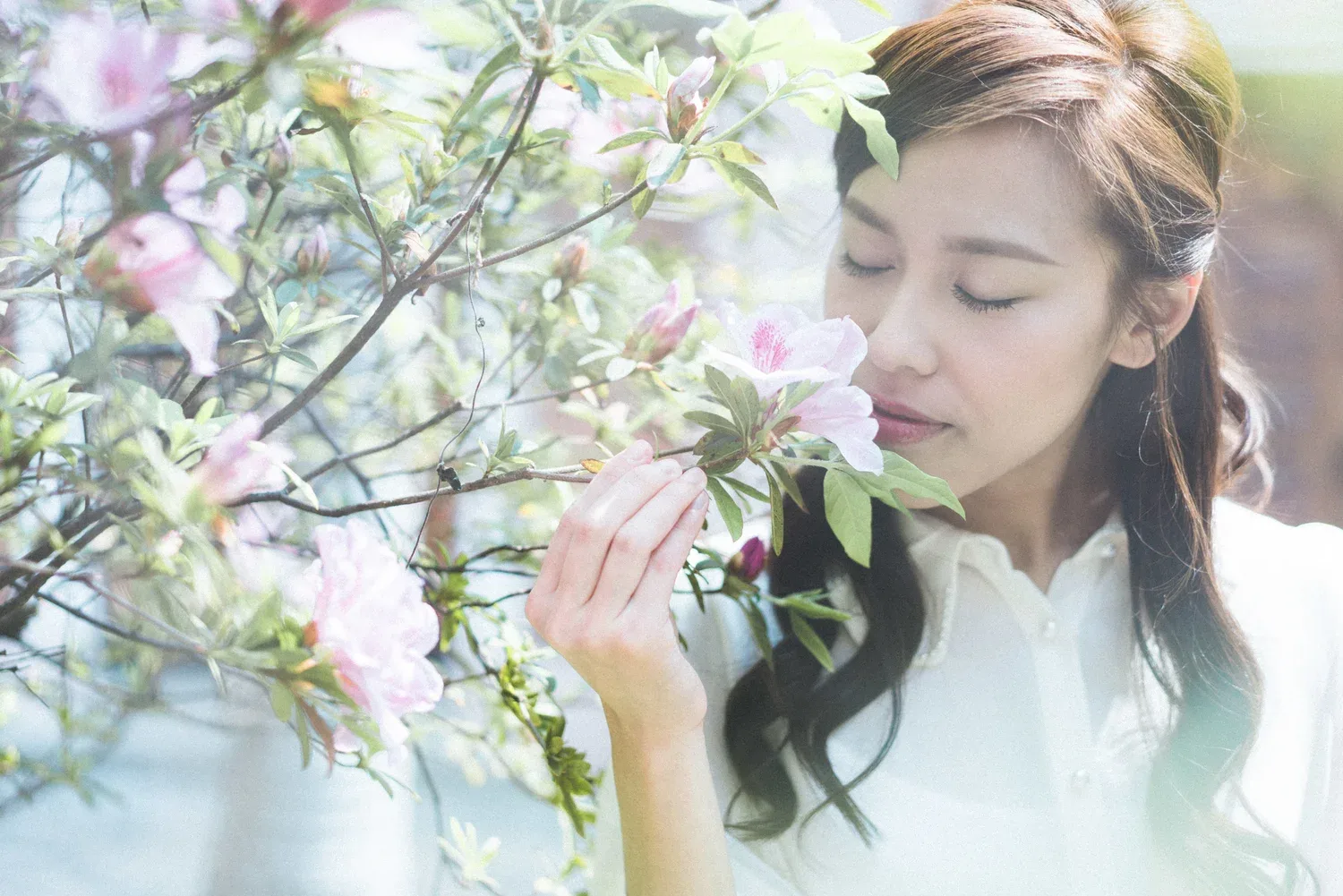 女子在開花的樹枝旁低頭靠近粉紅小花