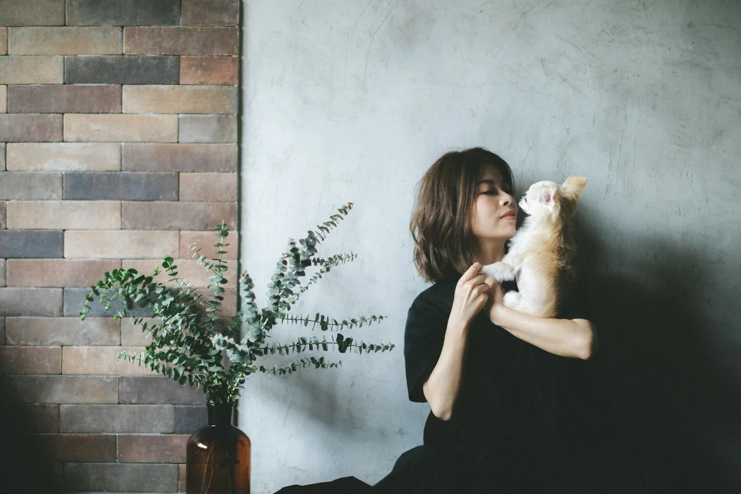 女子抱着淺色小動物坐在磚牆旁,身邊擺着綠色植物